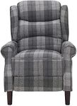 Home Detail Tartan Arm Chair Recliner in Beige or Grey Fabric, Living Room Chairs or Bedroom Chairs with Manual Reclining Function, High Back, Wing Back, Padded Armrests (Grey)