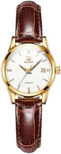 OLEVS Women Automatic Watch Luxury Gold Self Winding Mechanical Wristwatch White Dial Date Waterproof Luminous Genuine Brown Leather Band Elegant Ladies Dress Watches Business Casual Reloj para Mujer