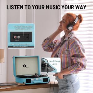 1 BY ONE Bluetooth Record Player – Turquoise Turntable