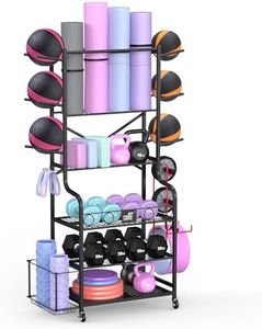Mythinglogic Home Gym Storage with 3-Tier Medicine & Exercise Ball Rack, Weight Rack for Dumbbells Kettlebells and Weight Equipment, Yoga Mat Storage Rack with Sturdy and Lockable Casters