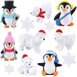 FEPITO 12 Pcs Winter Resin Penguin Polar Bear Snowflakes Miniature Figurine Toy Mini Christmas Figures for DIY Garden Home Decor Christmas Ornaments