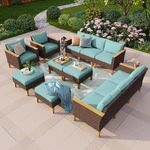 PHI VILLA 12-Piece Outdoor Sectional Wicker Furniture Set, Large Rattan Patio Conversation Set for 12 Seats with Cushioned 2 x Single Sofa, 4 x Armrest Chair, 4 x Ottoman and 2 x Armless Chair, Blue