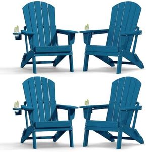 Plawdlik Folding Adirondack Chair, SGS Tested, Wooden Textured with Cup Holder, Heavy All-Weather HDPE Comfortable Set Poolside Backyard Lawn Navy Blue Set 4