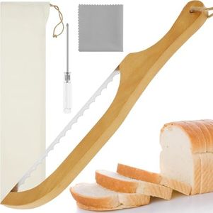 THJOPOKEEL Bread Slicer for Homemade Bread, 15.7" Wooden Bread Bow Knife for Bread, Bagels, Fruits, Ergonomic Bamboo Handle Adjustable for Left or Right-Hand Use