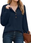 Cnlinkco Long Sleeve Polo Shirts for Women Work Casual V Neck Tops Button Down Shirt Fall Tops 2024 Loose Blouses Blue