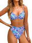 CUPSHE Women Bikini Set High Waisted Swimming Costume Drawstring Floral Bathing Suit with Underwire Swimsuit Two Piece Cornflower M