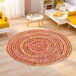 Kuber Industries 4x4 Feet Satranji Doubling Round Jute Rug & Carpet for Home & Bedroom | Aesthetic Floor Rugs for Living Room | Lines - Pink