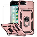 Yodueiv for iPhone 8 Plus/7 Plus/iPhone 6 Plus/6S Plus Case with Tempered Glass Screen Protector and Slide Camera Cover, Magnetic Ring Car Mount Holder Protective Cover for iPhone 7 Plus Rose Gold