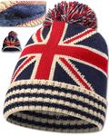 Union Jack Flag Thermal Hat – Bobble Hat – Double Layered Cap – Smart Fitting - UNISEX Boys & Girls, Men & Women – British Flag – Gift Idea - One Size Fits Most - Beanie Hats (Navy Blue + Fur Lining)