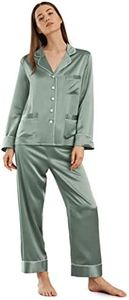 LilySilk 100% Silk Pajamas for Women 22 Momme Mulberry Silk Long Set V Neck Notched Collar with White Trimmed Avocado Green XL