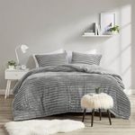 Intelligent Design Queen Comforter Set, Cozy Plush Bedding, Microfiber Reverse, 3 Piece, Lightweight, Super Soft Ribbed Velvet Comforter 2 Shams, All Season Fluffy Bed Set, Avril, Full/Queen Grey