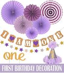 FIRST BIRTHDAY DECORATION SET FOR GIRL- 1st Baby GIRL Birthday Party, Stars Paper Garland, Gold Cake Topper"One", Purple Banner, Purple Fiesta Hanging Paper Fan Flower (First Birthday Decoration)