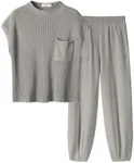 ANRABESS Women's Two Piece Outfits Knit Sweater Pullover Crop Top & Pants Lounge Matching Tracksuit Sweatsuit Sets 2024 Trendy Loungewear Clothes Light Grey Small