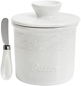 TAOUNOA Butter Keeper with Knife - French Butter Dish with Lid for Countertop, Ceramic Butter Crock with Water Covered Butter Holder for Kitchen, White