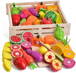 35 PCs Wooden Play Food for Kids Kitchen, Pretend Cutting Food Toys with Wooden Tray, Dishes and Knife for Kids, Pretend Play Food