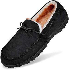 MIXIN Mens Slippers Moccasins Slippers for Men Warm House Shoes with Cozy Memory Foam Hard Sole Men's Indoor Outdoor Slippers, Dark Black, 10.5