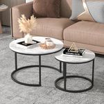 Advwin Coffee Table Set of 2, Round Nesting Table Marble Pattern Wooden Side Table Metal Frame End Table for Living Room Light Grey