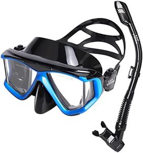 Snorkel Set Pano 4 Adult Snorkeling Gear, Professional Anti-Fog Snorkel Mask Dry Top Snorkel, Tempered Glass Scuba Diving Mask for Freediving, Snorkeling and Swimming (Blue Snorkel Set)