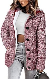 Sidefeel Women's Cardigan Hooded Fleece Lined Jackets Winter Cable Knit Sweater Coat Large Red
