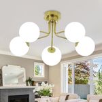 Rviezza Modern Gold Sputnik Chandeliers, 5-Way White Globe Glass Shade with G9 Base Semi Flush Mount Ceiling Light, Gold Pendant Lighting Ceiling for Living Room, Dining Room, Bedroom, Kitchen