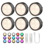 Onumii Rechargeable LED Puck Lights with Remote Under Cabinet Kitchen Lights, Magnetic Stick on Wardrobe Lights Wireless Under Counter Cupboard Lights with Timer, Colour Changing, 6 Pack - Black