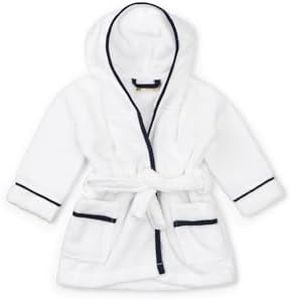 MONICA + ANDY Baby Bathrobe, White + Navy, Size 0-6 Months, Terry Hooded Towel Bathrobe, 100% Organic Baby Clothes for Girls & Boys, Sustainable Super Soft Fabric, Sizes for Kids, Toddler & Infant