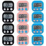 12 Pieces Small Digital Kitchen Timer Count Up and On/Off Switch Timer with Loud Alarm Magnetic Back Large Display Timer LED Countdown Timer for Cooking Baking Games (Blue, Pink, Black)