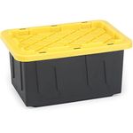 HOMZ Durabilt 15-Gallon Storage Tote with Flip Lid, Heavy-Duty Storage Bin with Snap-on Lid, Black and Yellow, 2 Pack