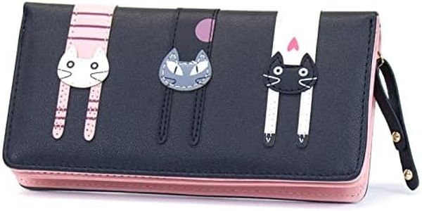 Ofertas del Viernes Negro 2016 valentoria® Regalos de cumpleaños para las mujeres de mini sintética piel bifold cartera de embrague de 3 diseño de gato, Long Black