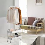 KELIXU Clothing Rack Coat Hanger Garment Rack Rolling Clothes Organizer with 2 Tier Metal Baskets, Laundry Cart with Hanging Rack, Small Wardrobe Rack on Wheels for Bedroom, Laundry, Apartment, White