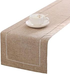 Tosewever Decorative Linen Table Runner Farmhouse Style Tabletop Collection 14 x 108 Inches Table Runners for Everyday Dining Wedding Party Holiday Home Decor (14" x 108", Light Coffee/Straight)