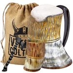 Viking Culture Ox Horn Mug, Shot Glass, and Axe Bottle Opener (3 Pc. Set) Authentic 16-oz. Ale, Mead, and Beer Tankard | Vintage Stein with Handle | Custom Intricate Design - Natural Finish | The Jarl