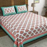 BLOCKS OF INDIA Hand Block Printed 200 TC Cotton King Size Bedsheet (Turquoise Motifs)