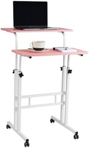 Mind Reader Mobile Sitting Standing Desk Rolling Reversible Home Office Laptop Workstation with Side Storage, Locking Wheels, Large, Pink