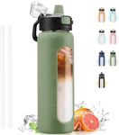 Kodrine Water Bottle With Straw and Carry Handle, Glass Water Bottle 24 oz Leak Proof Locking Lid with Soft Silicone Spout, Small Clear Water Bottle, Travel Sports Water Jug, Time Marker, Olive