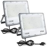 150W LED Flood Light, Outdoor Security Lights Wall Fixtures 6500K 15000LM Illumination, IP66 Waterproof White Lighting Projects for Ball Ground, Parking Lot, Pathway, Yard (2 Pack)