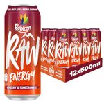 Rubicon RAW 12 Pack Cherry & Pomegranate 500ml Energy Drink, 20% Real Fruit Juice, High caffeine with B-Vitamins, Ginseng & Guarana, No Artificial Colours or Flavours, Reduce Tiredness & Boost Energy