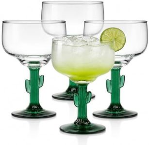 Libbey 3620JS Cactus Margarita Glasses Set of 4, Durable Green Stemmed Cocktail Glasses, 16 Oz Clear Bowl Lead-Free Cactus Glassware