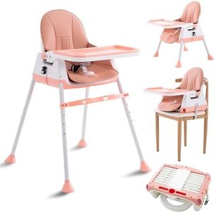 3-in-1 Baby High Chair: Adjustable Convertible Feeding Chair, Portable Booster Seat for Babies and Toddlers. Detachable Double Tray, Compact & Easy-to-Clean Design (Pink Highchair)