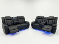 Michigan Leather Electric Recliner Sofa Set With Cupholders - Tech Air Leather - Bluetooth Speakers -Wireless Charging - USB Ports - LED Lights - Cupholders & Storage (Black, 3+2 Seater)