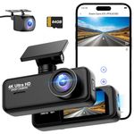 Dash Cam Front and Rear 4K+1080P, DYNACAM Dash cam Inserted 64GB SD Card, Built-in WiFi Car Camera Dash Cam, Super Night Vision Dashcam, 24H Parking Mode, G-Sensor, Loop Recording Dashboard Camera