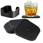 IYYI Silicone Coasters Set of 6, Drink Coasters with Holder, Non-Slip Cup Mat, Deep Tray Absorbent Coaster, Heat Resistant Countertop Protection (Black-Square)