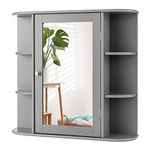 CASART Bathroom Mirror Cabinet, Wall Mounted Storage Cupboard with Single Door and Adjustable Shelves, Wooden Medicine Cabinet Display Organizer Unit for Bathroom Kitchen Living Room (Grey)