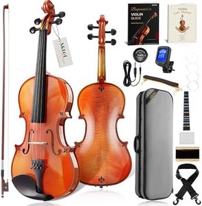 AKLOT Handcrafted Flamed Maple Violin: Full Size Glossy Fiddle, Acoustic Advanced 4/4 Violin Kit with Ebony Bow, Solid Wood Shoulder Rest, Lesson Book, Hard Case, Extra Strings, Tuner (VRT-AdvOB)