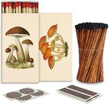 4" Espresso Matches + 2 Boxes of HomArt Mushroom Design Matchboxes + Extra Striker Stickers Included | 100 Brown Stick Black Tip Safety Matches with Decorative Matchboxes | by Thankful Greetings