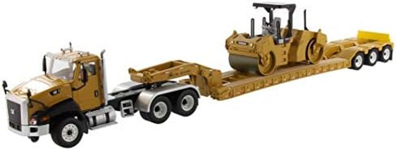 CAT Caterpillar CT660 Day Cab with XL 120 Low-Profile HDG Lowboy Trailer & Caterpillar CB-534D XW Vibratory Asphalt Compactor & Operator Core Classics Series Set of 2 pcs 1/50 Diecast Models 85601C