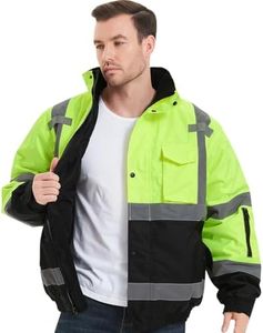 ProtectX High Visibility Waterproof Safety Jacket for Men and Women, Hi Vis Reflective Winter Construction Bomber Jacket, Class 3, Lime Green, Large