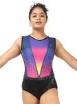 IKAANYA Girls/Women Sleeveless Rhinestone Leotard - Ideal for Gymnastics, Dance, Yoga, Acrobatics or Performance (Blue Pink Purple, Adult Small)