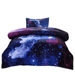 JQinHome Twin Galaxies Dark Blue Comforter Sets Blanket, 3D Outer Space Themed Bedding, All-Season Reversible Quilted Duvet, for Children Boy Girl Teen Kids - Includes 1 Comforter, 1 Pillow Sham