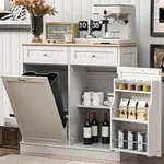 Spurgehom 13 Gallons Tilt Out Trash Cabinet Freestanding Kitchen Recycling Trash Can Cabinet with Hideaway Drawers Pet Proof Trash Can Holder for Kitchen Living Room, White